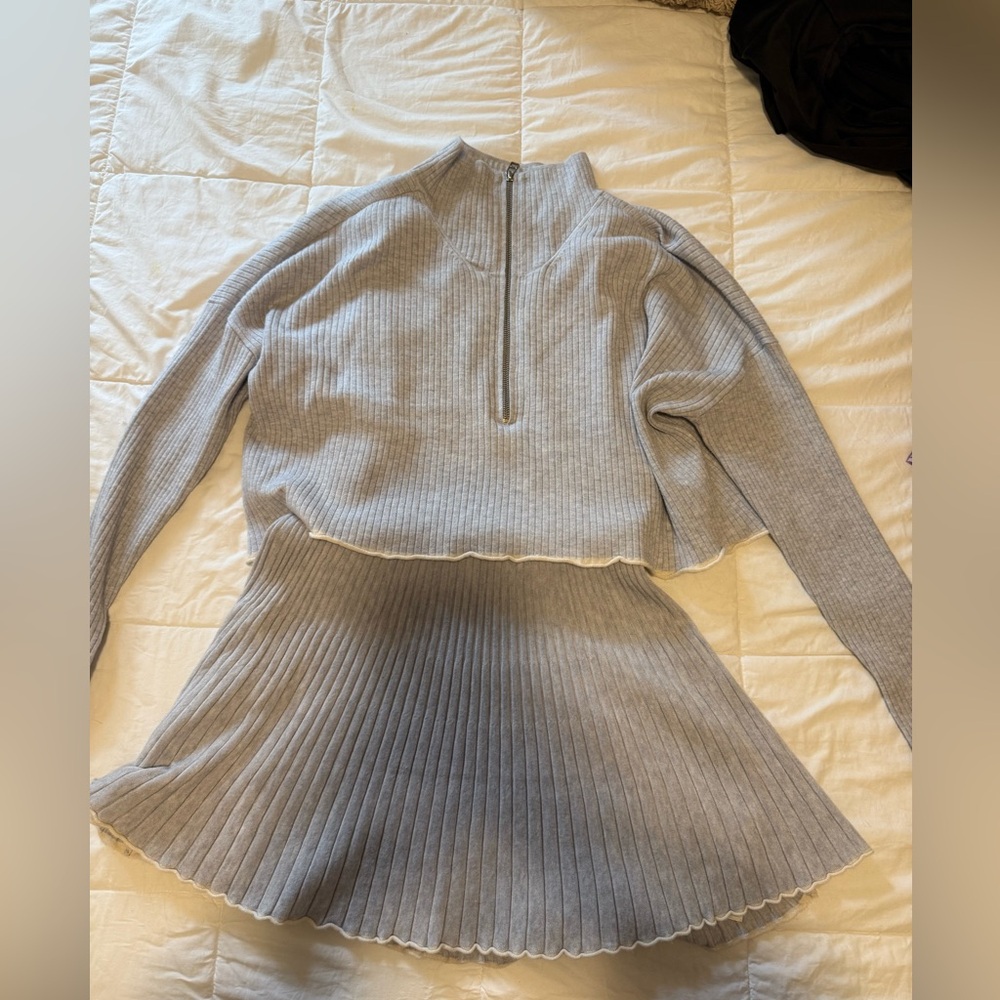 Dailey Practice by Anthro Gray Ribbed Knit Sweater and Skirt Set
